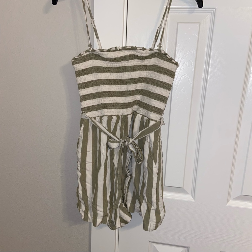 American Eagle Green Cream Stripe Smoked Strapless Spaghetti Strap Romper